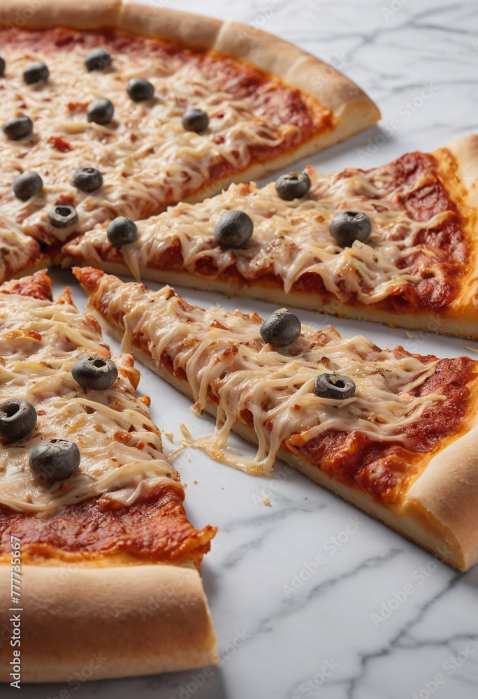 Close up of Naples pizza, with appetite, cheese shreds, tempting cuisine, 90 degree perspective, Simple white marble background Close up of Naples pizza, with appetite, cheese shreds, tempting cuisine, 90 degree perspective, Simple white marble background