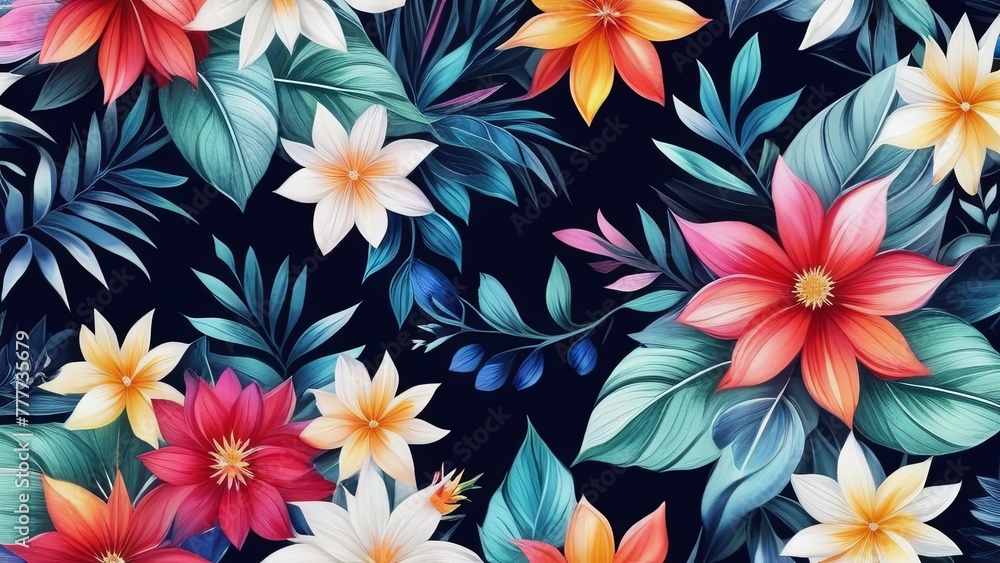 Fototapeta premium Vibrant, intricate floral design set against dark background, creating visually appealing contrast between colorful flowers, dark backdrop. For website design, advertising, greeting cards, magazines.