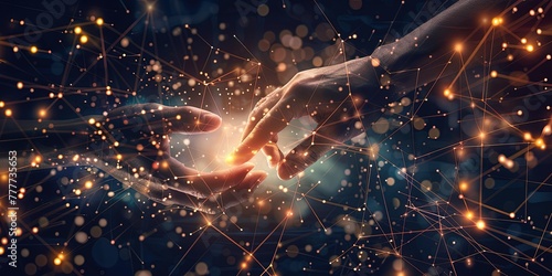 Concept, friendship between new technologies, artificial intelligence and human, handshake, science, background, wallpaper.