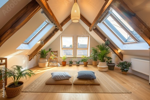 Eco-friendly attic conversion with a focus on sustainability, featuring reclaimed wood beams, bamboo flooring, and energy photo