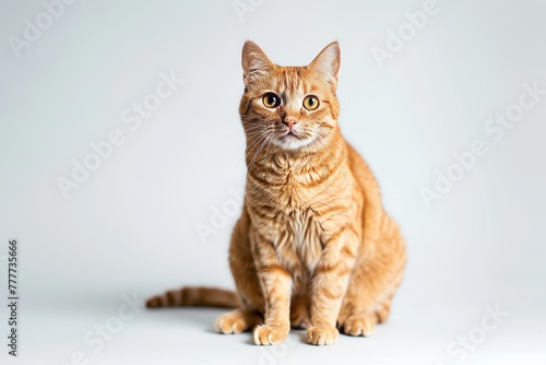 Studio portrait of rescued orange tabby cat sitting and looking forward against a white background © Aliaksandr Siamko