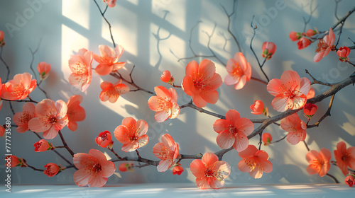 Colorful flowers and branches with shadow on a white backgeound. photo