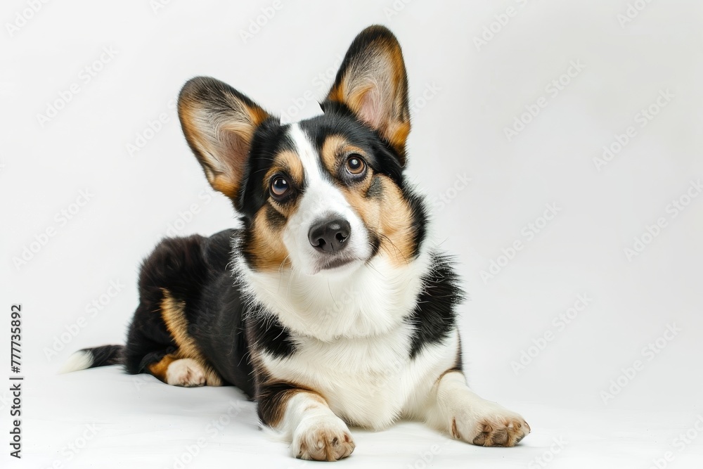studio portrait of tri color white black and brown corgi looking forward with a tilted head laying down against a white background