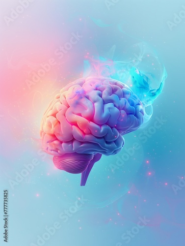 Colorful brain on blue background. photo