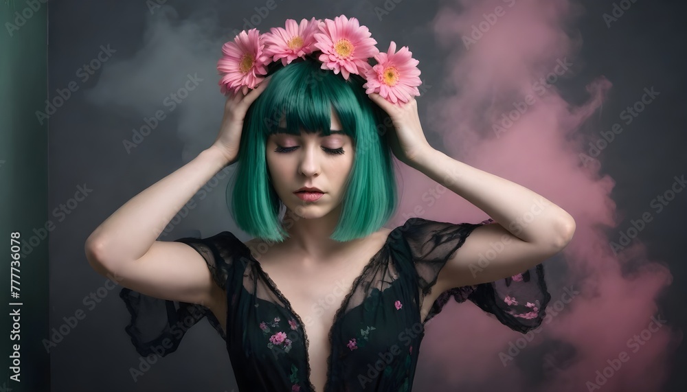 A woman with short pink hair wears a blue dress with floral patterns and a flower crown made of large pink daisies,