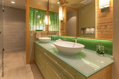 Eco-Friendly Bathroom Design with Recycled Glass Countertops and Bamboo Flooring