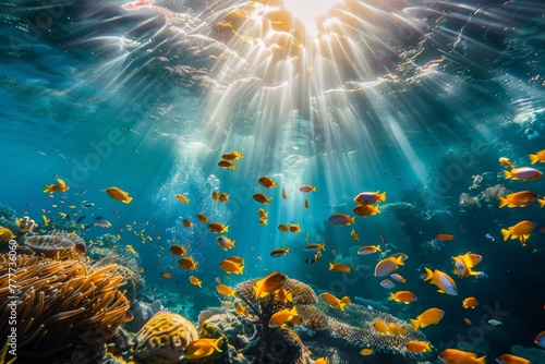 Sun light streaming through the surface of the ocean with tropical fish swimming by