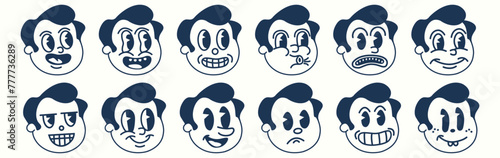 Vintage 50s cartoon and comic happy facial expression. Logos, Retro, Face Caricatures, Sticker Faces. Characters Smile Emoji Vector Set. 