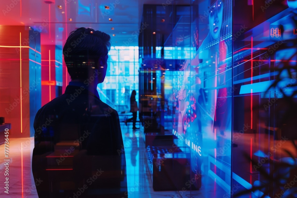 Futuristic portrait of a silhouette against neon lights, depicting technology, data and modern digital life.

