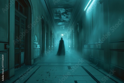 Mysterious figure in a dark, eerie corridor with a cinematic ambiance, suitable for suspense and horror themes.