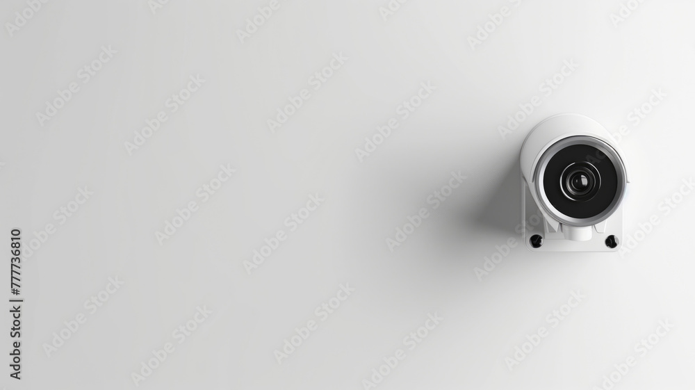 Security camera mounted on white wall, looking to left with ample copy space Security camera mounted on white wall, looking to left with ample copy space