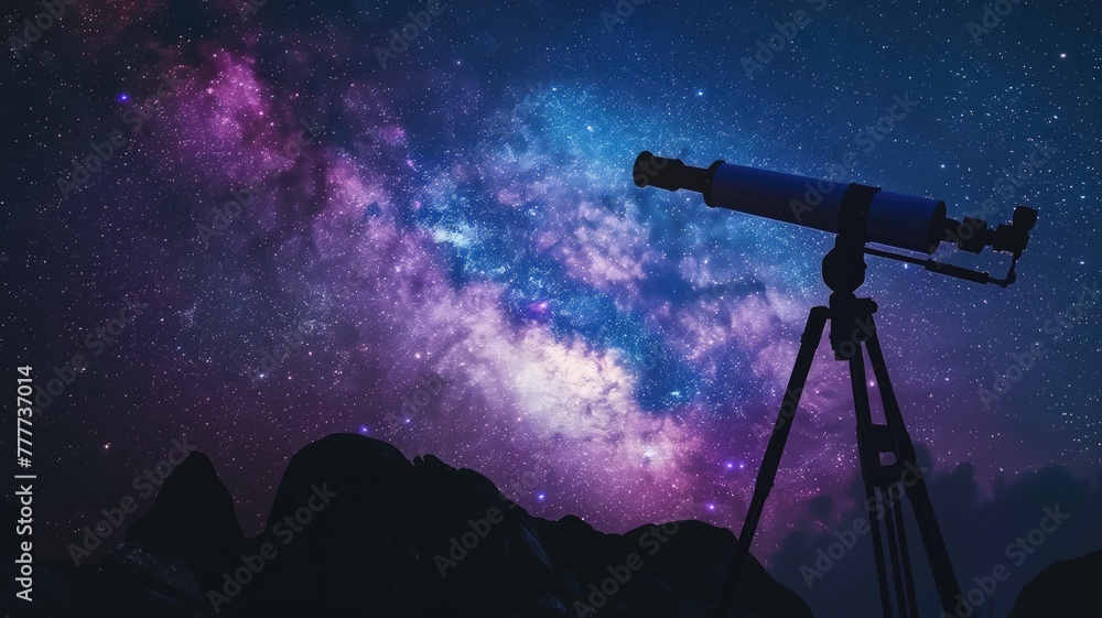 Telescope silhouetted against starry night sky with Milky Way visible Telescope silhouetted against starry night sky with Milky Way visible