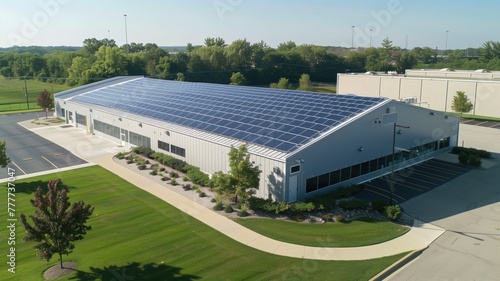 Industrial building with large solar panel installation on roof, surrounded by green landscaping and parking