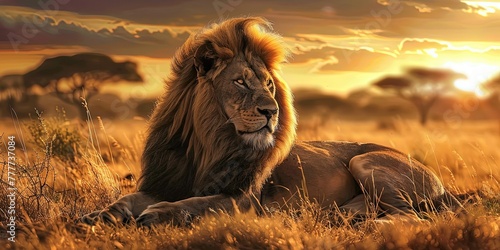 Majestic and noble animal, lion, king of animals, in the African savannah on the background of mountains, background, wallpaper.