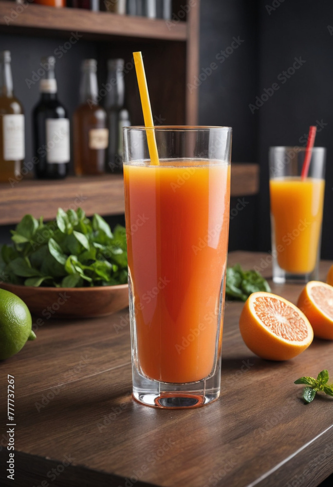 Fototapeta premium Advertising poster style Profeasional photo about a glass of fresh juice on bar table . Professional, modern, product-focused, commercial, eye-catching, highly detailed