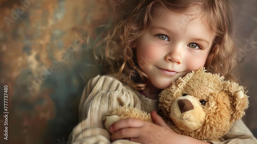 A cheerful 6-7-year-old girl holds her favorite teddy bear in a tender embrace, conveying the warmth of family love.