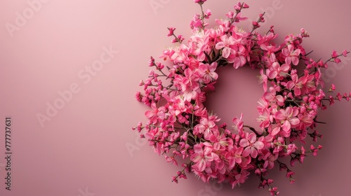 Flower Arrangement. Pink flower wreath against a pink backdrop