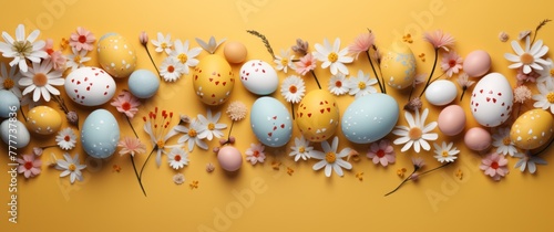 colorful easter eggs are scattered on a yellow background