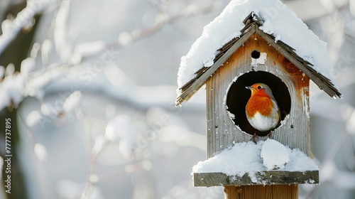A red robin perches near a snow-covered birdhouse, offering a picturesque winter scene with space for text. © Tahir