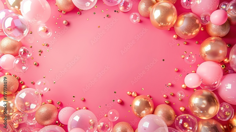 Beautiful festive minimalistic pink background with gold and clear balloons on the sides