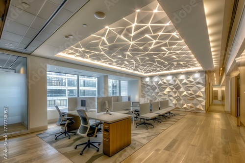 Geometric Patterned Ceiling with Accent Lighting in a Contemporary Office © Sajida