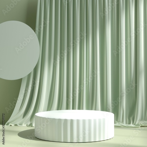 On a green background, there is a display podium with a satin wave curtain