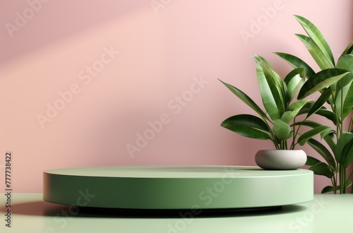 green cosmetics pedestal on pink wall with a green plant in background