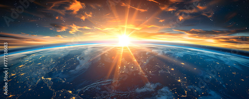 Sunrise over Earth in space illustration depicting the beauty and magnificence of the natural wonder. photo