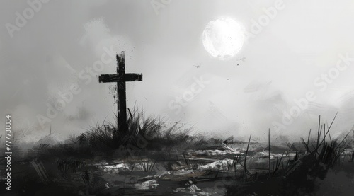 a cross sitting on the grass near a fog