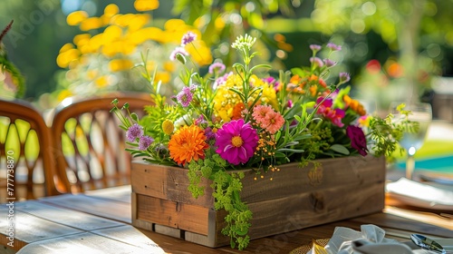A wooden box filled with colorful flowers and greenery sits on a timber table, creating a vibrant centerpiece for a meal. In the background, a rattan chair adds an elegant touch to the setting.