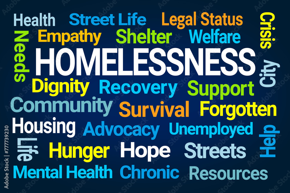 Homelessness Word Cloud on blue Background Homelessness Word Cloud on blue Background