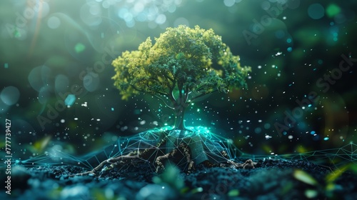 An illustration of tree growth in a digital futuristic polygonal style. An energy source or artificial intelligence source. Modern illustration.