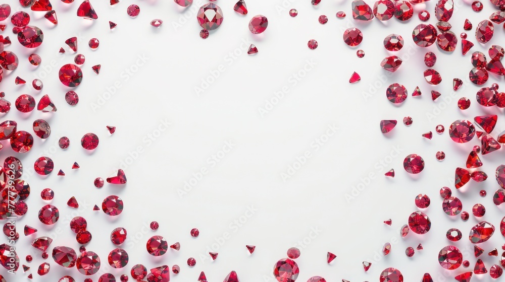 Ruby gemstones scattered on a white background with empty space in the center Ruby gemstones scattered on a white background with empty space in the center