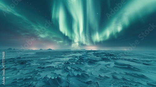 The northern lights cast a green glow over a vast, snowy tundra, creating a mesmerizing scene. © olegganko