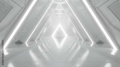 Empty Long Light Corridor. Modern white background. Futuristic Sci-Fi Triangle Tunnel. Minimal technology style scene, abstract leading lights white backgrounds.