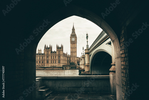 Big Ben and Houses of Parliament with bridge in London, England, UK