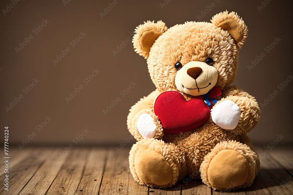 Fototapeta premium A brown teddy bear sitting on a wooden floor with a red heart in its paw.