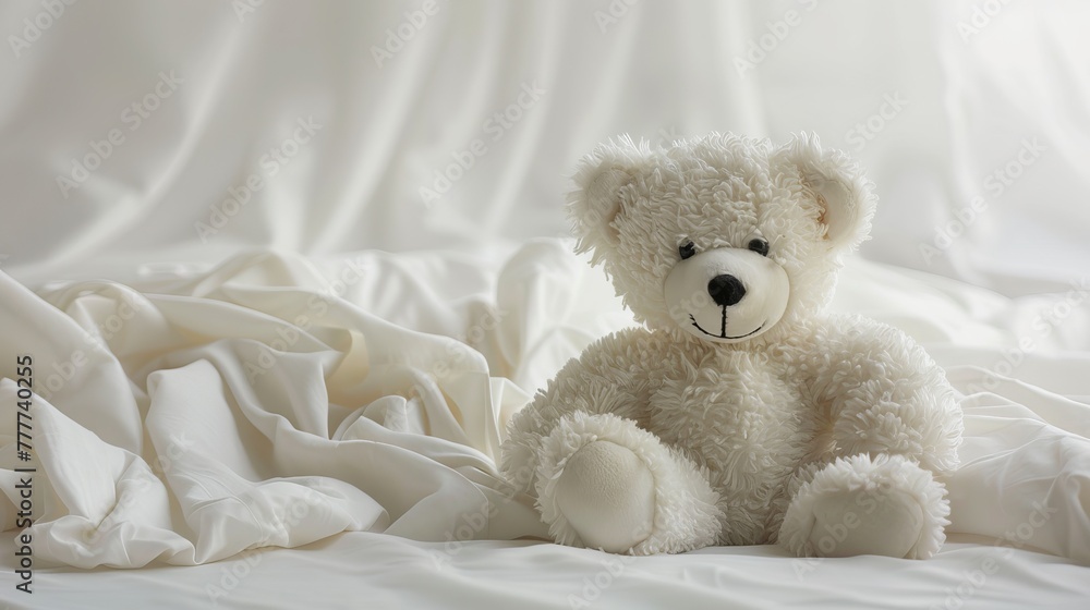 Adorable teddy bear in a pristine white setting.