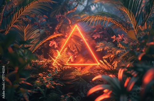 neon bright triangle text surrounded by tropical foliage