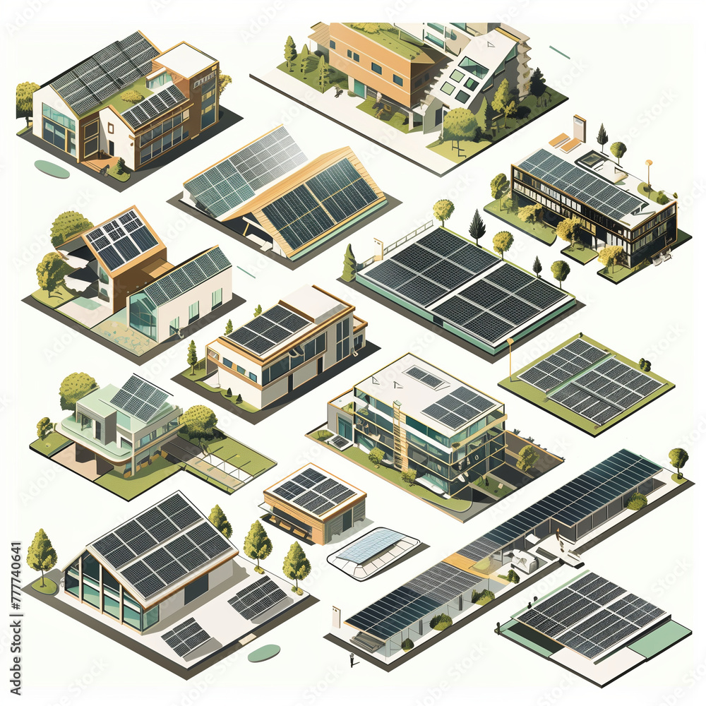 Isometric complex of modern buildings with solar panels, representing sustainable urban development