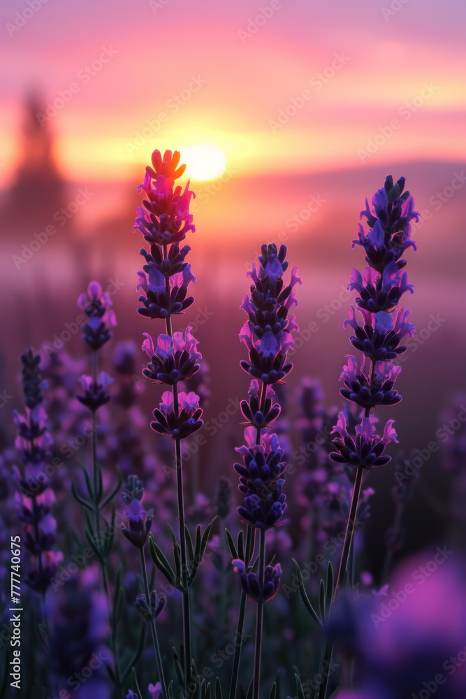 Naklejka premium Purple Lavender flower in the mist and fog, vertical background