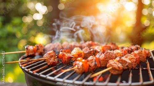 Smoke rising from succulent meat skewers on an outdoor barbecue grill in natural light. photo