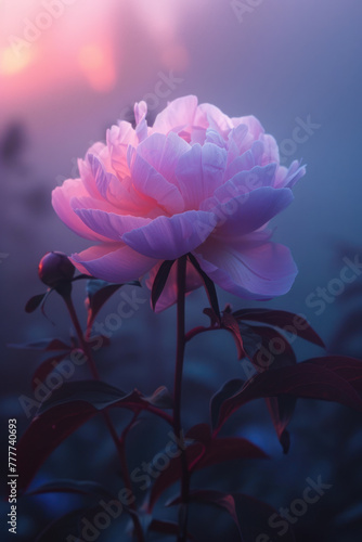 Purple peony flower blossom in the mist and fog, vertical background