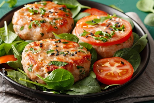 Gourmet meatballs adorned with sesame seeds and scallions, presented on a bed of fresh spinach with ripe tomato slices, capturing an inviting close-up shot that emphasizes the dish's vibrant colors an