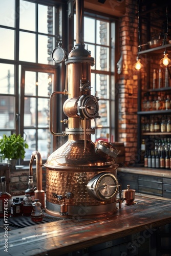 A gleaming copper distillery apparatus, exuding old-world craftsmanship, is showcased in a warm, rustic bar setting. photo