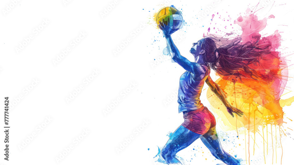 Colorful watercolor painting of Volleyball player in action