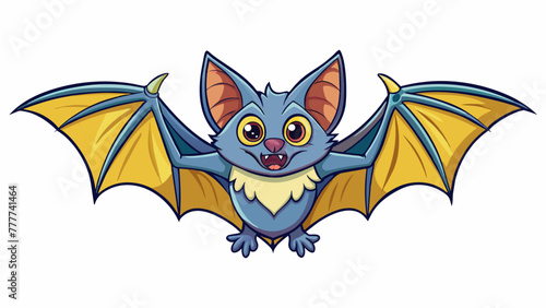 Bat character with wings open smiles showing fangs. Vector isolated on white