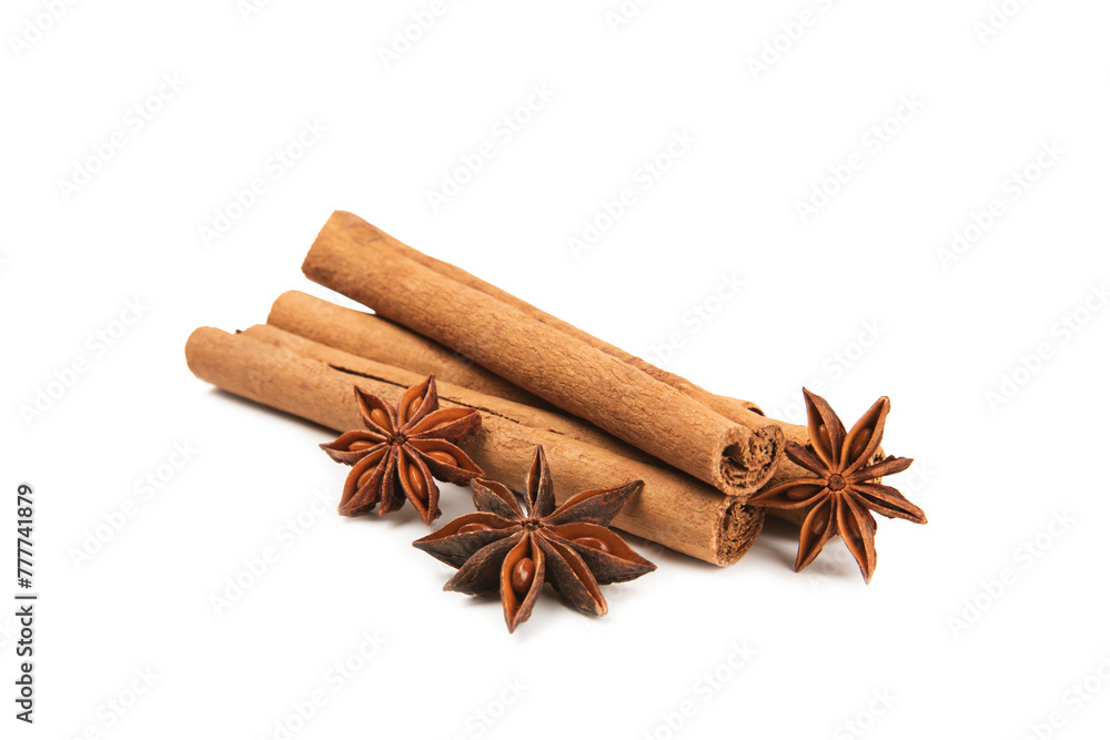 Ceylon cinnamon sticks and anise isolated on white background.Cinnamon roll and star anise. Spicy spice for baking, desserts and drinks. Fragrant ground cinnamon.Place for text. copy space. Ceylon cinnamon sticks and anise isolated on white background.Cinnamon roll and star anise. Spicy spice for baking, desserts and drinks. Fragrant ground cinnamon.Place for text. copy space.