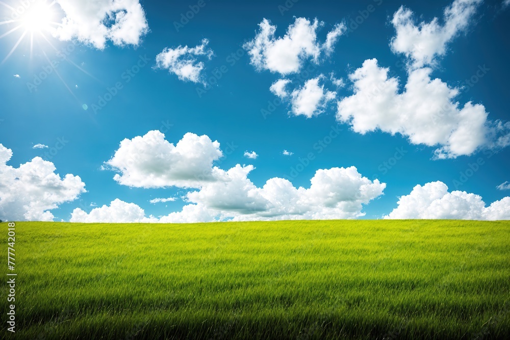 A green field with clouds in the sky.