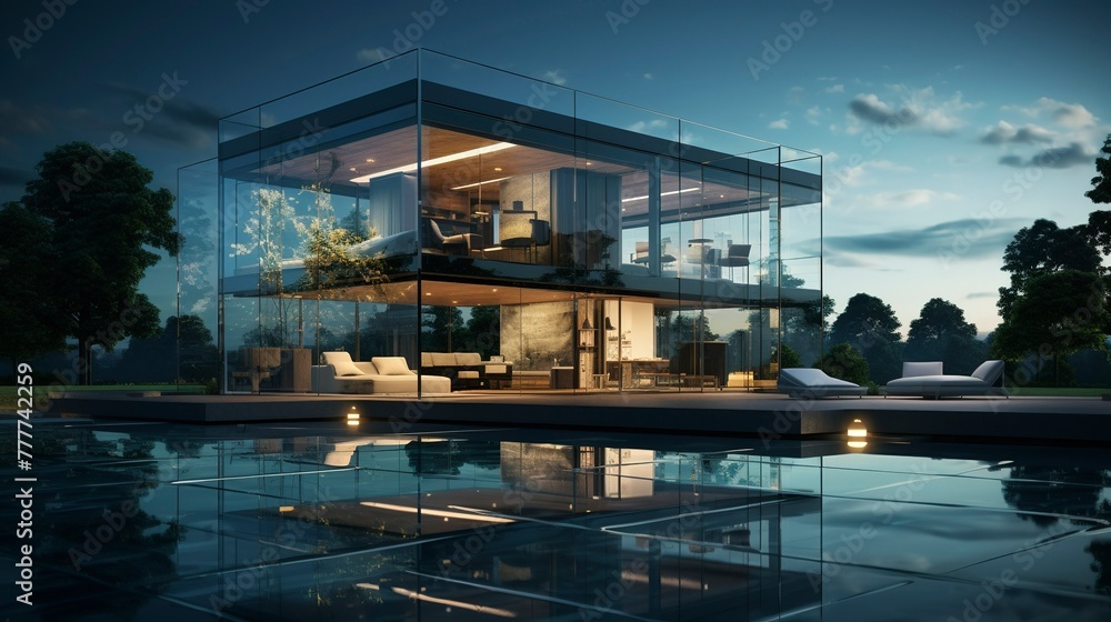 A photo of a Glass House with Minimal Design
